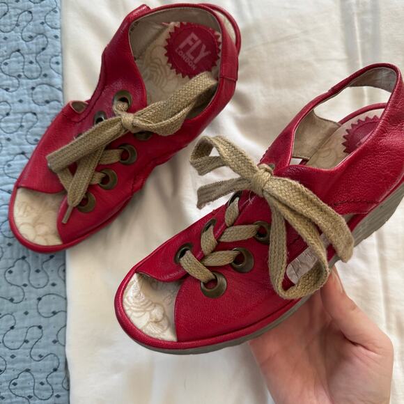FLY LONDON Yiva Red Leather Wedge Size 37 casual open toe - Picture 2 of 6